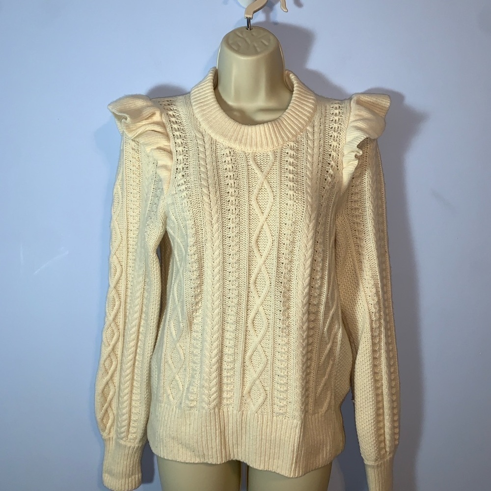 Madewell hollydene Cable Knit flutter ruffle sleeve Sweater small wool cream